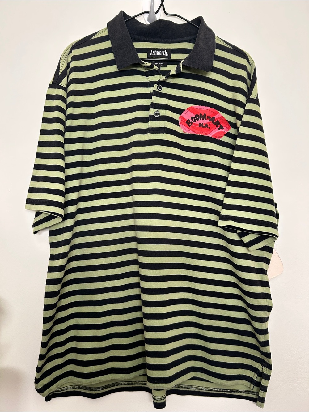 Men’s Ashworth Olive Green & Black Striped Polo with Red Embroidered Patch